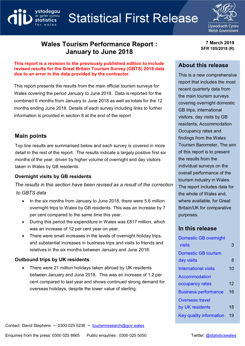 Wales Tourism Performance Report: January to June 2018