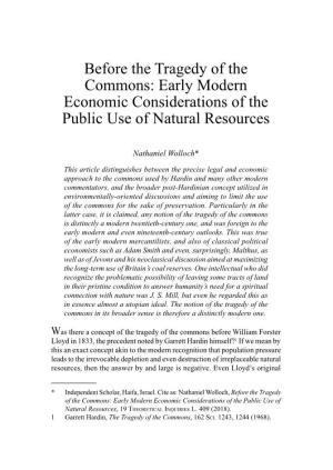 Before the Tragedy of the Commons: Early Modern Economic Considerations of the Public Use of Natural Resources