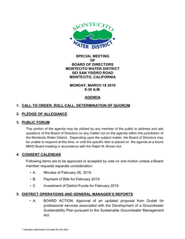 Regular Meeting Minutes of Board of Directors Montecito Water District 583 San Ysidro Road Montecito, California