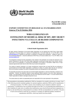Who Guidelines on Estimation of Residual Risk of Hiv, Hbv Or Hcv Infections Via Cellular Blood Components and Plasma