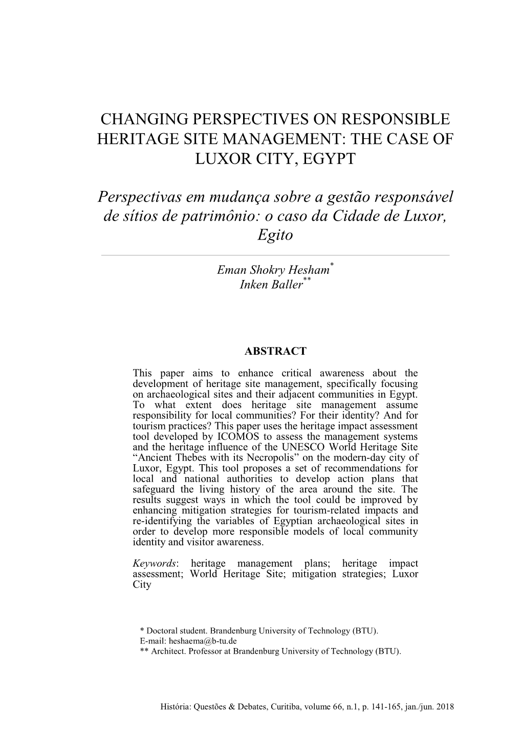 Changing Perspectives on Responsible Heritage Site Management: the Case of Luxor City, Egypt