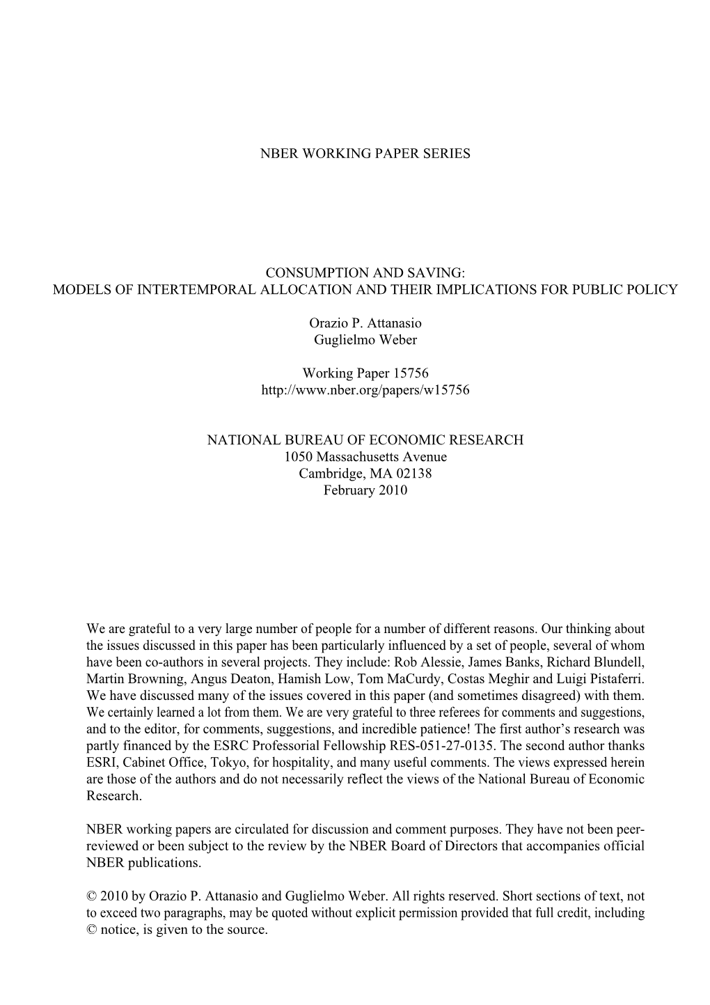 Nber Working Paper Series Consumption and Saving