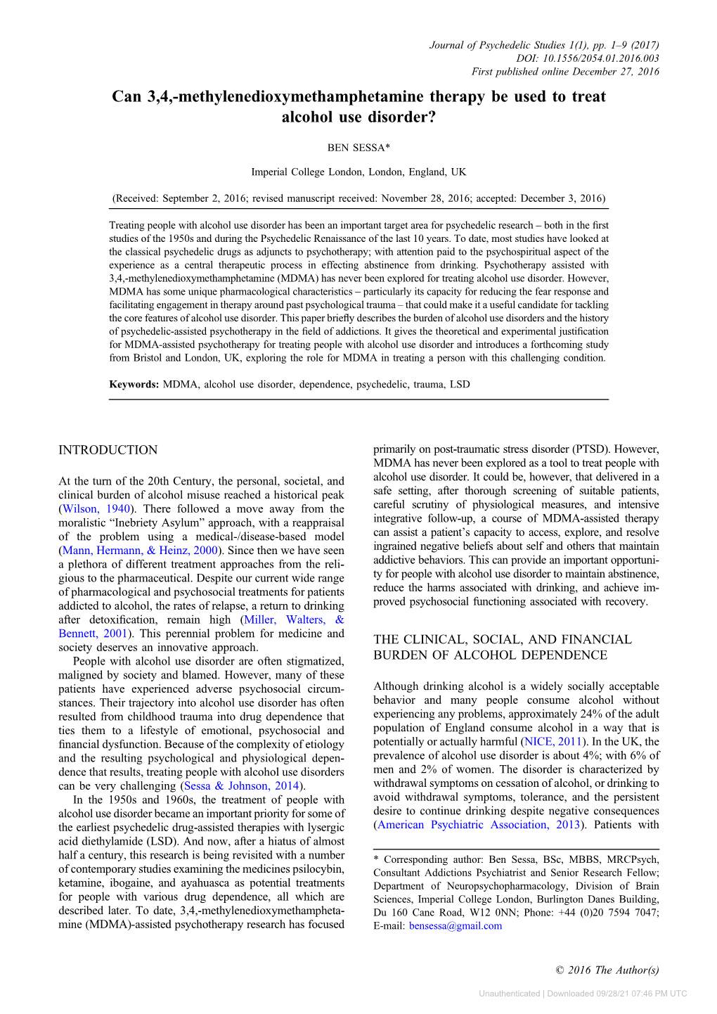 Methylenedioxymethamphetamine Therapy Be Used to Treat Alcohol Use Disorder?