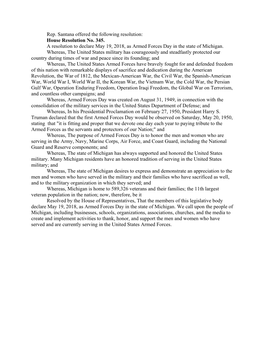 House Resolution No. 345. a Resolution to Declare May 19, 2018, As Armed Forces Day in the State of Michigan