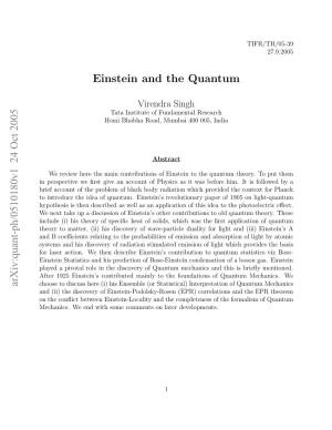 Arxiv:Quant-Ph/0510180V1 24 Oct 2005 Einstein and the Quantum