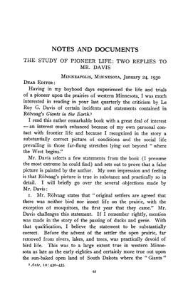 The Study of Pioneer Life: Two Replies to Mr. Davis
