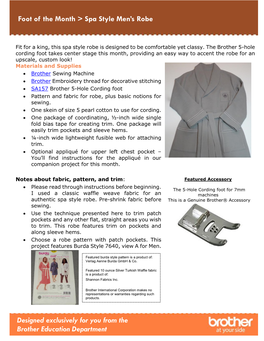 Projects &gt; Foot of the Month &gt; Spa Style Men's Robe Designed Exclusively for You from the Brother Education Department