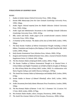 PUBLICATIONS of GEOFFREY KHAN BOOKS 1 Studies in Semitic
