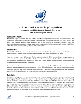U.S. National Space Policy Comparison Comparing the 2010 National Space Policy to the 2006 National Space Policy