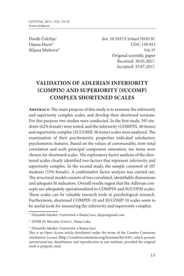 Validation of Adlerian Inferiority (Compin) and Superiority (Sucomp) Complex Shortened Scales