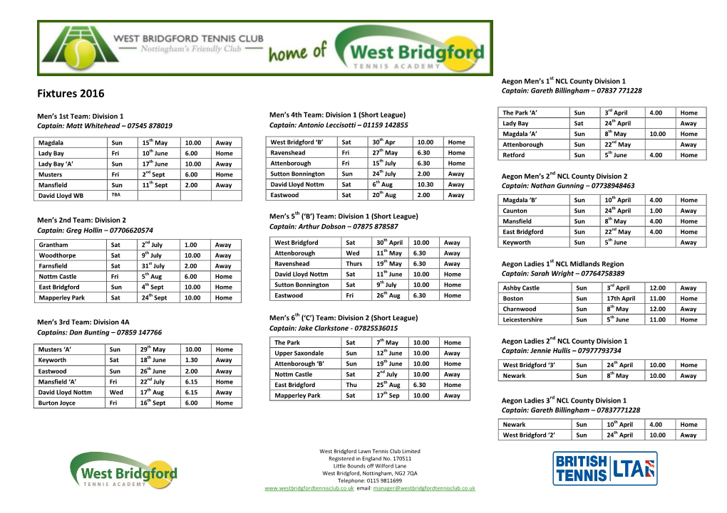 Summer 2016 Fixtures