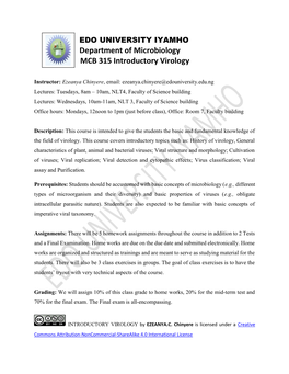 Department of Microbiology MCB 315 Introductory Virology