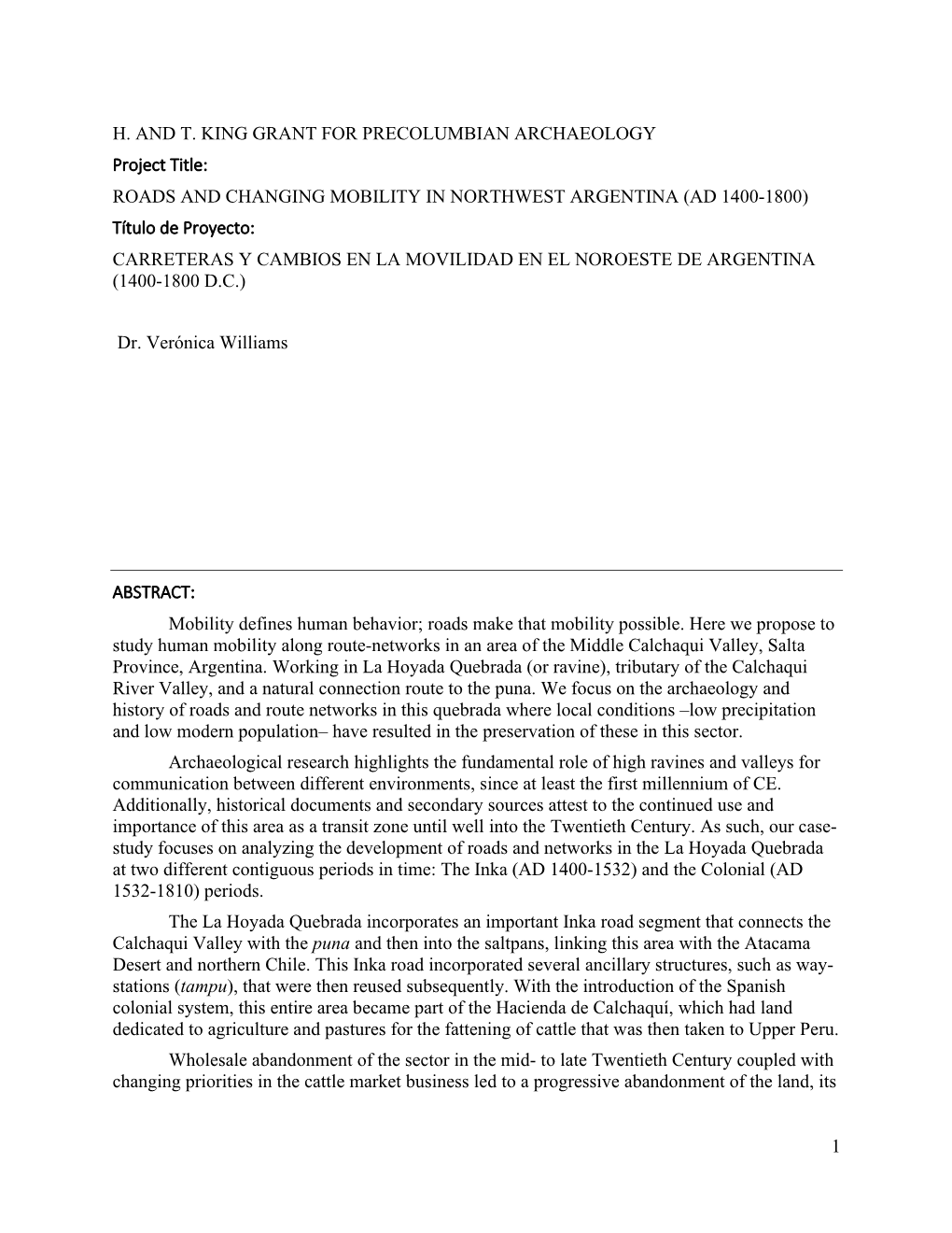 1 H. and T. King Grant for Precolumbian Archaeology – V