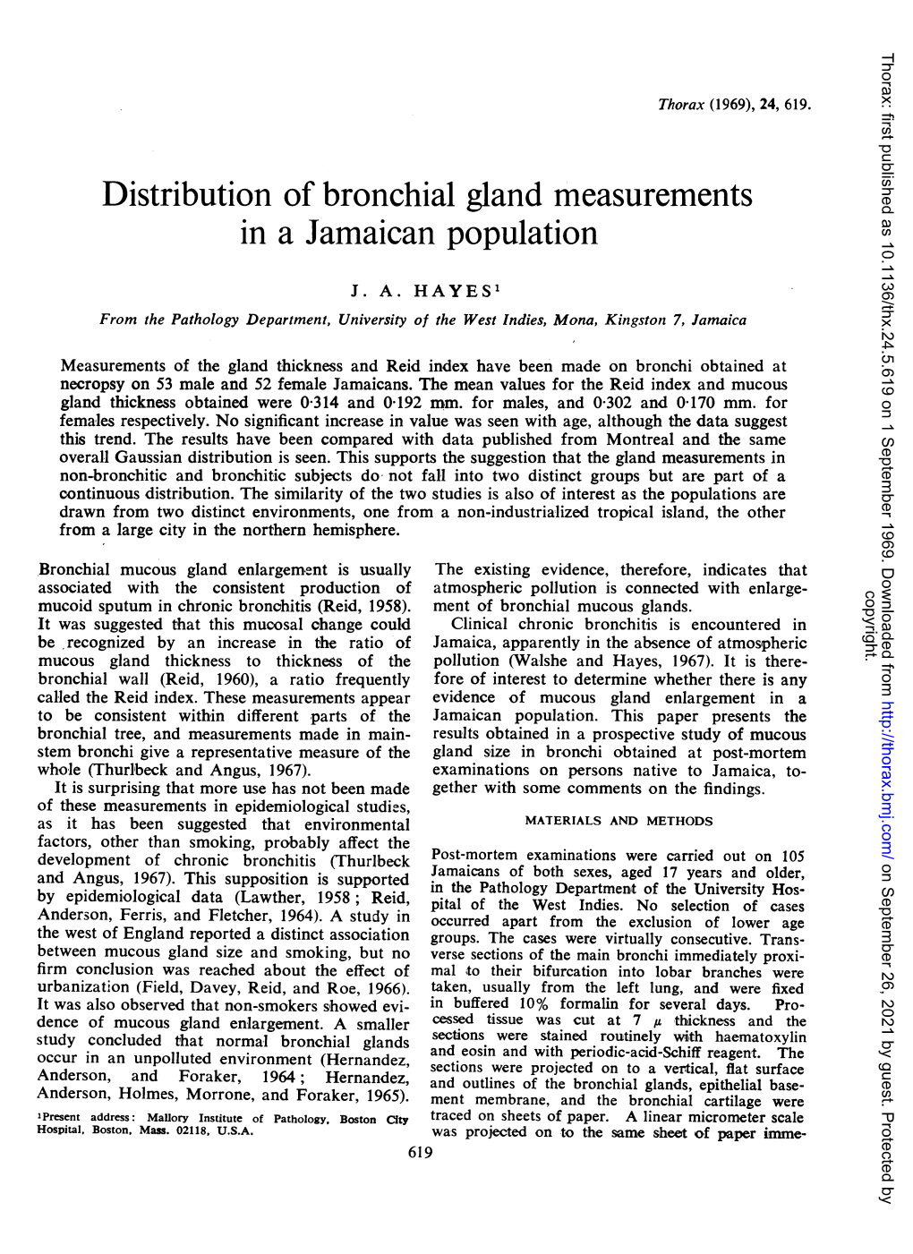 Distribution of Bronchial Gland Measurements in a Jamaican Population