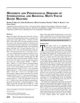 Movement and Physiological Demands of International and Regional Men’S Touch Rugby Matches