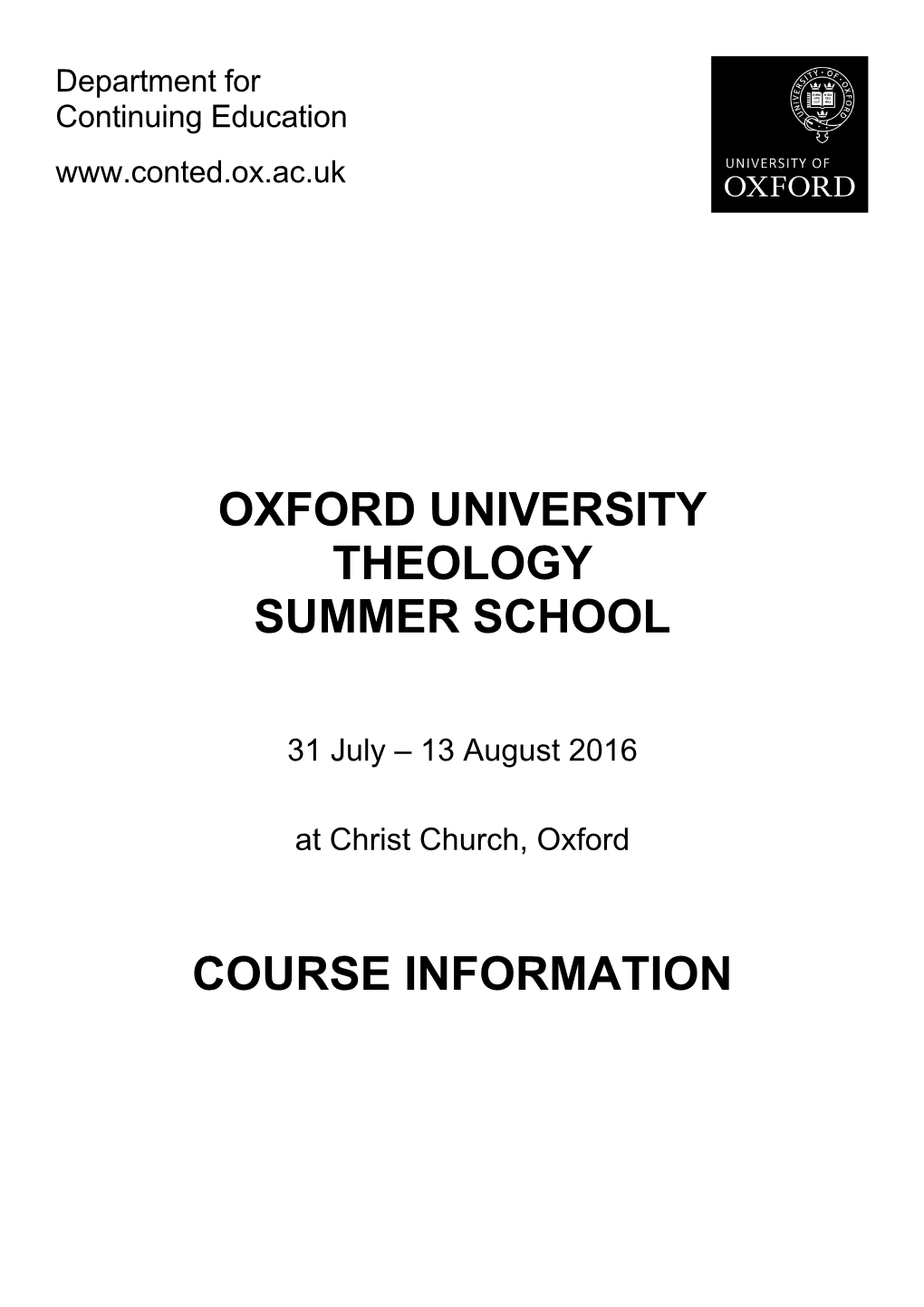 Oxford University Theology Summer School Course Information