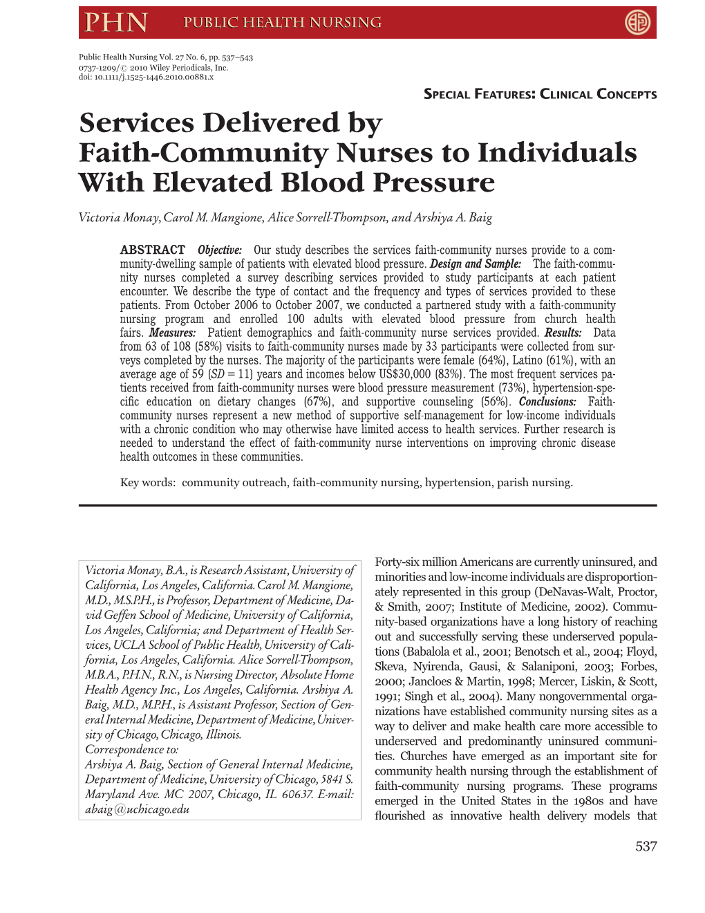 Services Delivered by Faith-Community Nurses to Individuals with Elevated Blood Pressure Victoria Monay,Carol M