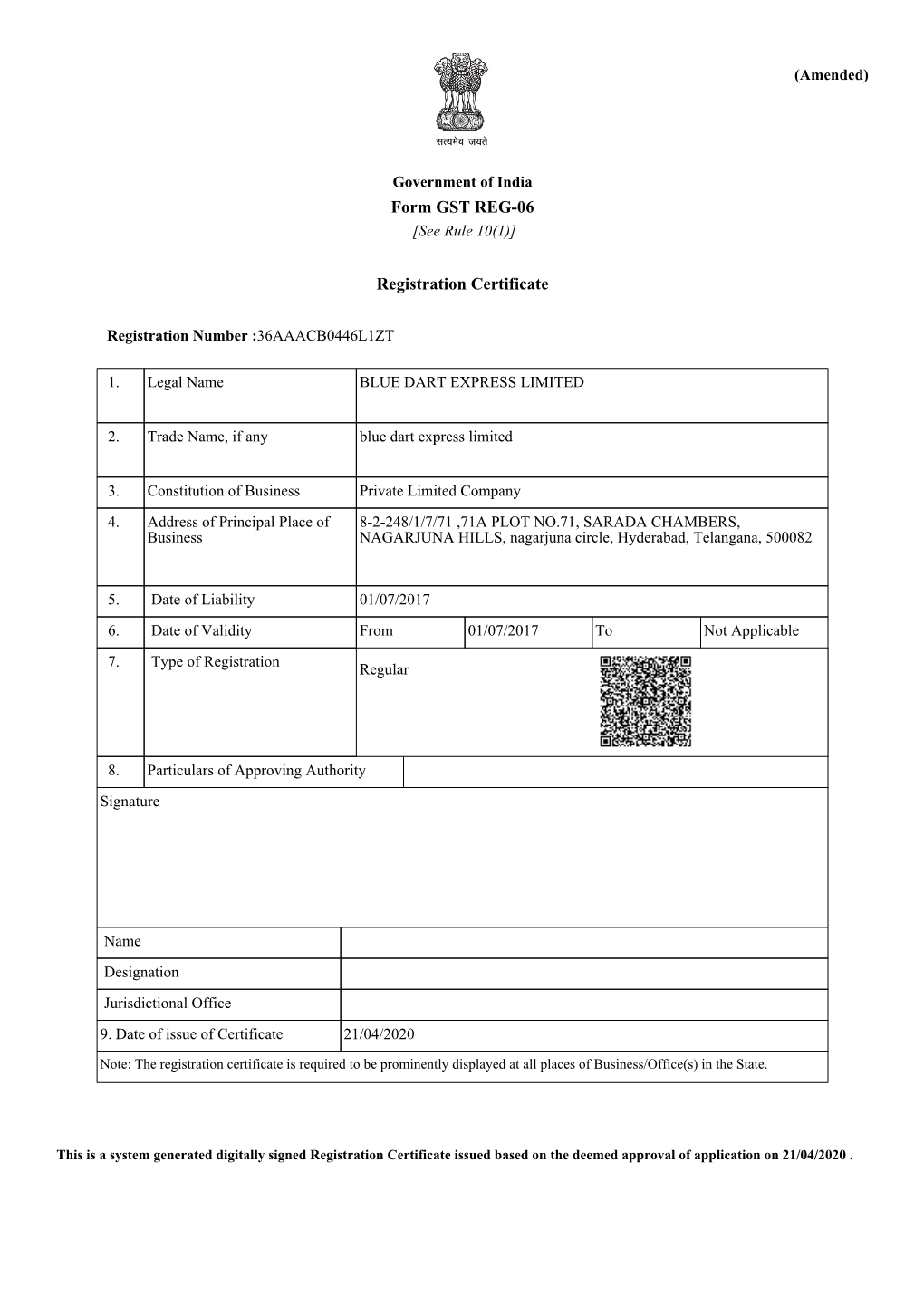 Form GST REG-06 Registration Certificate