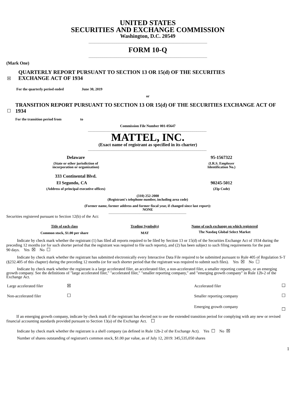 MATTEL, INC. (Exact Name of Registrant As Specified in Its Charter) ______Delaware 95-1567322 (State Or Other Jurisdiction of (I.R.S