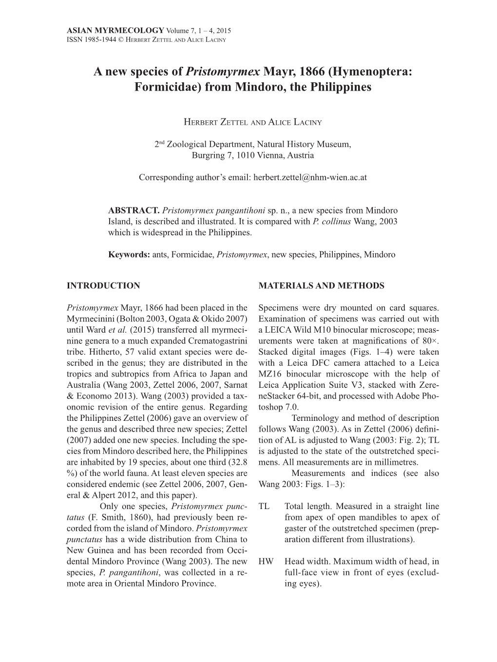 A New Species of Pristomyrmex Mayr, 1866 (Hymenoptera: Formicidae) from Mindoro, the Philippines