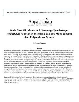 Male Care of Infants in a Siamang (Symphalangus Syndactylus) Population Including Socially Monogamous and Polyandrous Groups