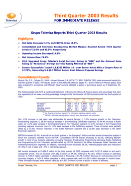 Third Quarter 2003 Results for IMMEDIATE RELEASE