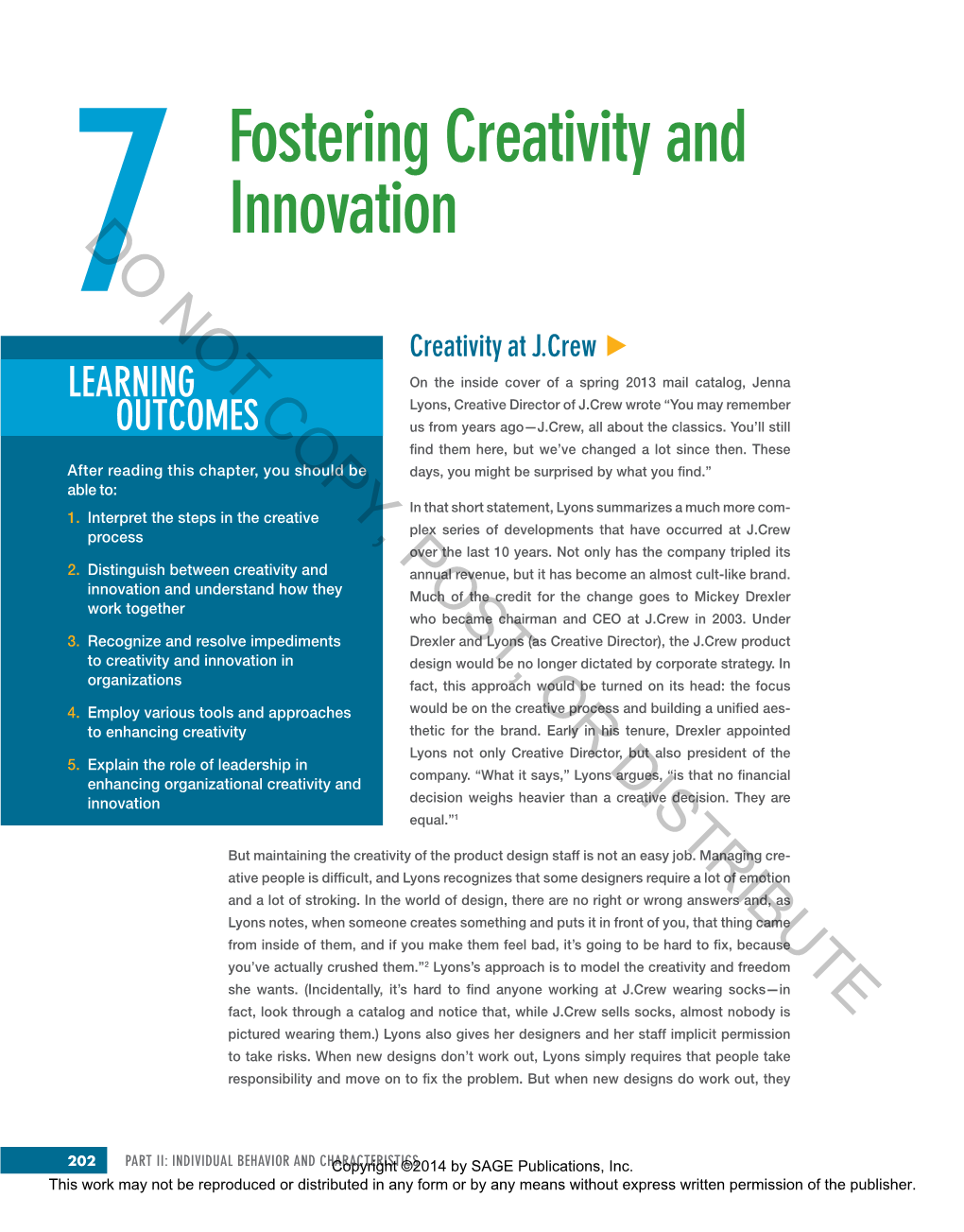 Fostering Creativity and Innovation 203 This Work May Not Be Reproduced Or Distributed in Any Form Or by Any Means Without Express Written Permission of the Publisher