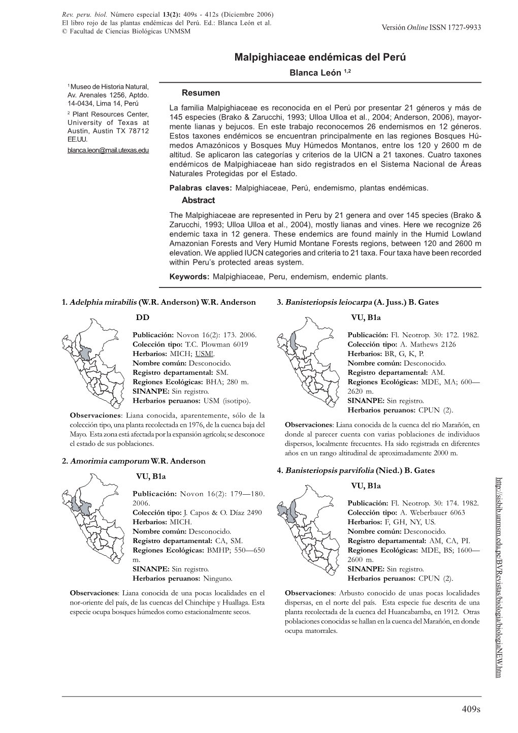 MALPIGHIACEAE ENDÉMICAS DEL PERÚ © Facultad De Ciencias Biológicas UNMSM Versión Online ISSN 1727-9933