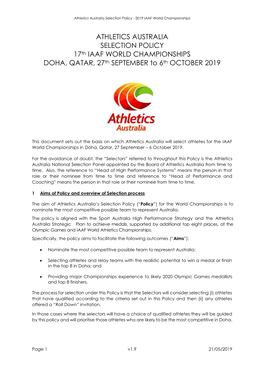 ATHLETICS AUSTRALIA SELECTION POLICY 17Th IAAF WORLD CHAMPIONSHIPS DOHA, QATAR, 27Th SEPTEMBER to 6Th OCTOBER 2019