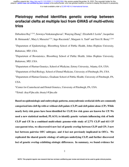 Pleiotropy Method Identifies Genetic Overlap Between Orofacial Clefts at Multiple Loci from GWAS of Multi-Ethnictrios