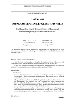 The Hampshire County Council (Cities of Portsmouth and Southampton) (Staff Transfer) Order 1997