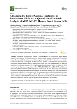 Advancing the Role of Gamma-Tocotrienol As Proteasomes Inhibitor: a Quantitative Proteomic Analysis of MDA-MB-231 Human Breast Cancer Cells