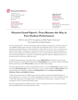 Houston Grand Opera's Tosca Returns This May in Free Outdoor