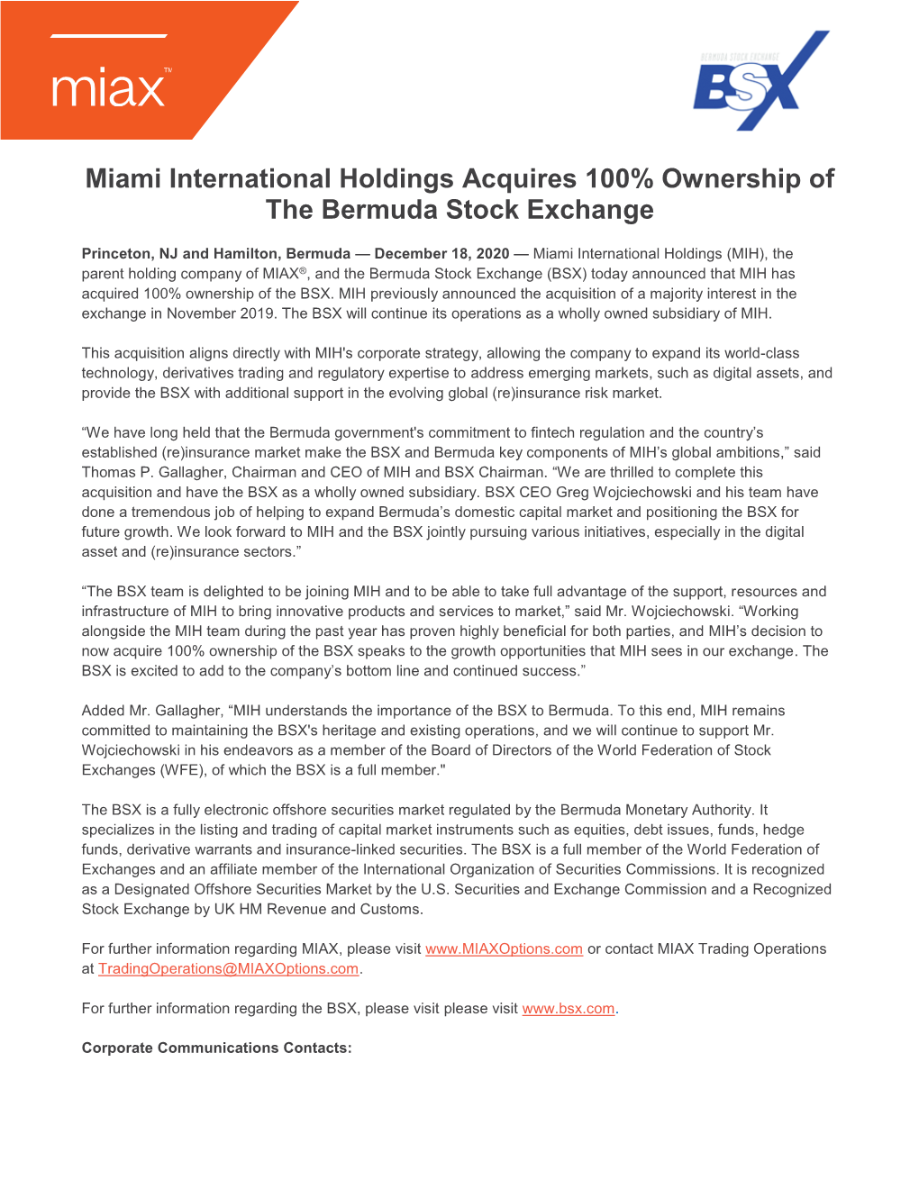 Miami International Holdings Acquires 100% Ownership of the Bermuda Stock Exchange
