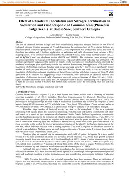 Effect of Rhizobium Inoculation and Nitrogen Fertilization on Nodulation and Yield Response of Common Bean (Phaseolus Vulgaries L.) at Boloso Sore, Southern Ethiopia