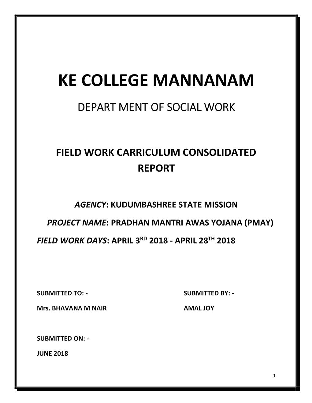 Ke College Mannanam Depart Ment of Social Work