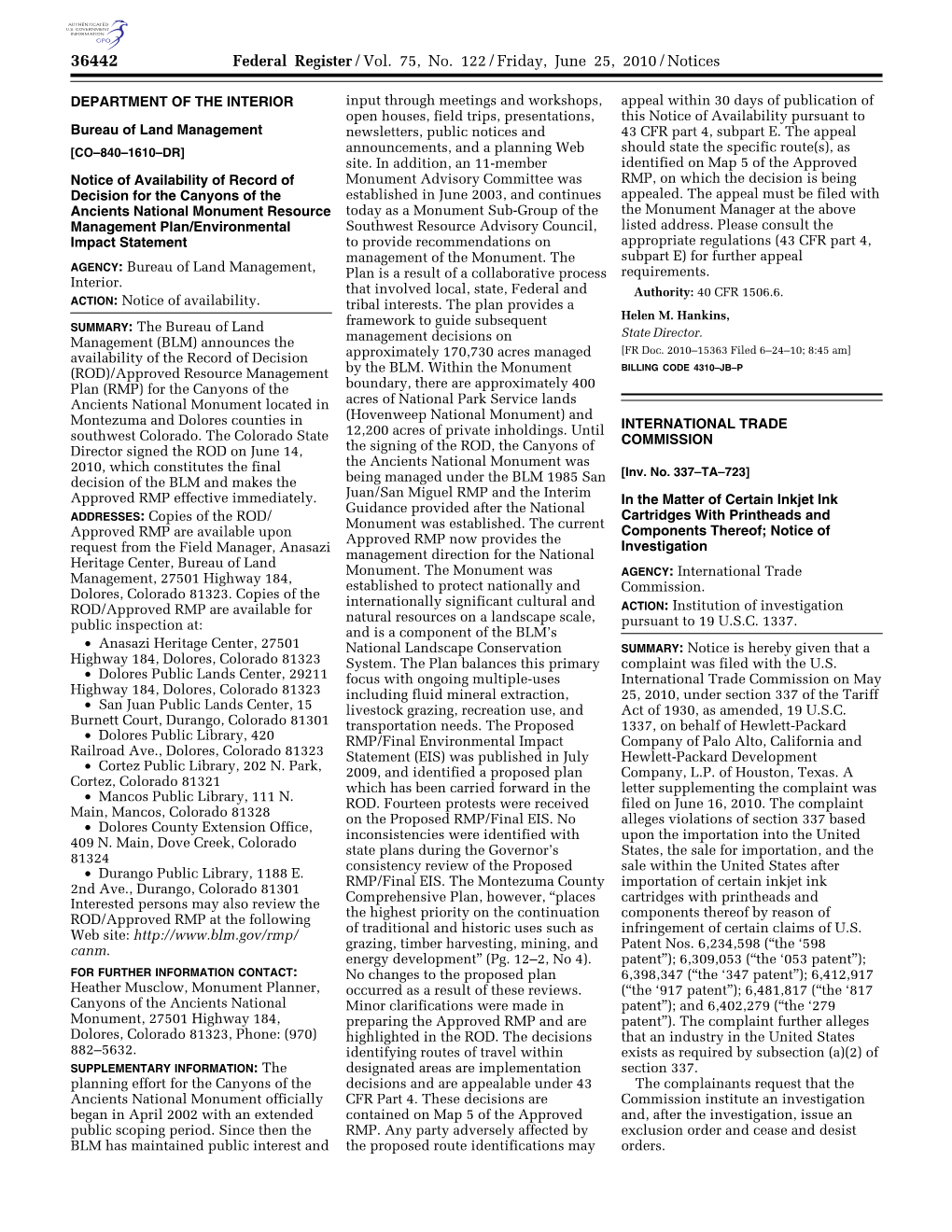 Federal Register/Vol. 75, No. 122/Friday, June 25, 2010/Notices