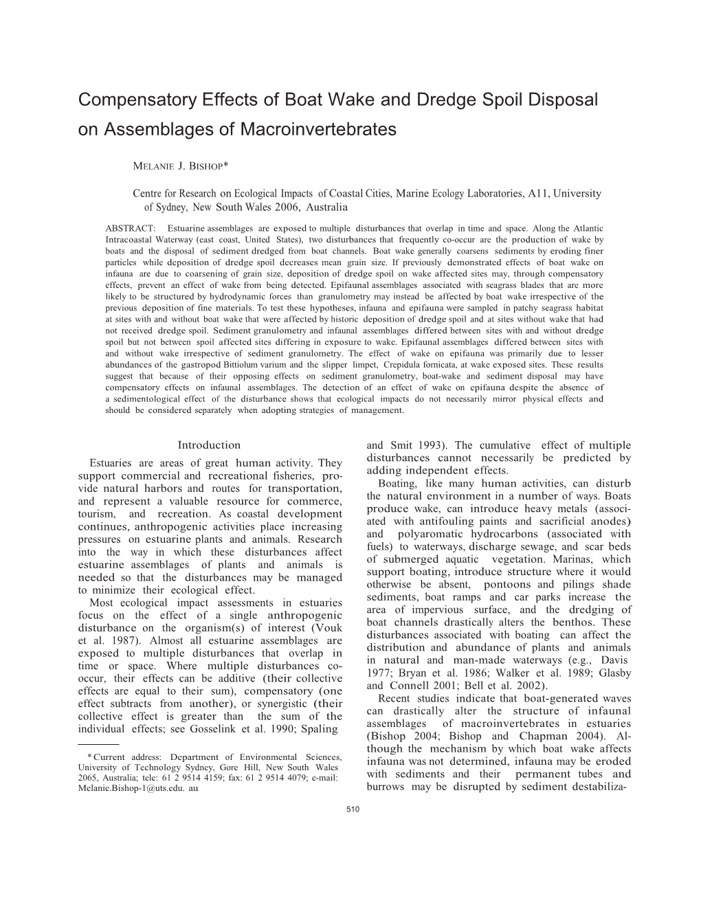 Compensatory Effects of Boat Wake and Dredge Spoil Disposal on Assemblages of Macroinvertebrates