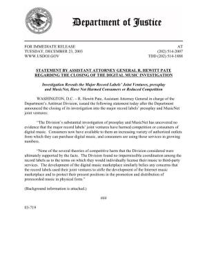 Statment by Assistant Attorney General R. Hewitt Pate Regarding