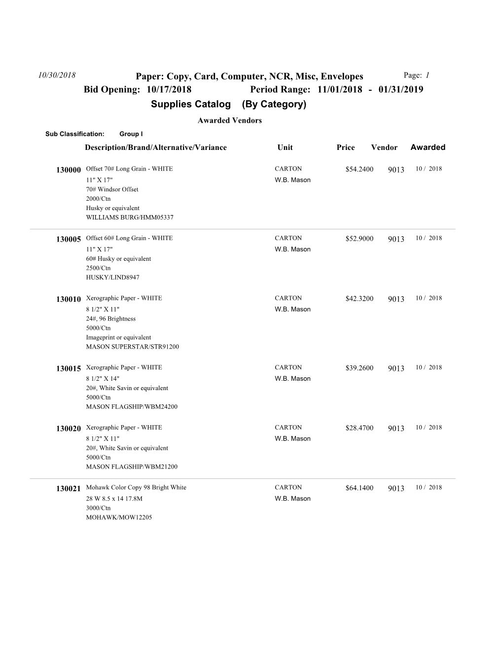 Paper: Copy, Card, Computer, NCR, Misc, Envelopes