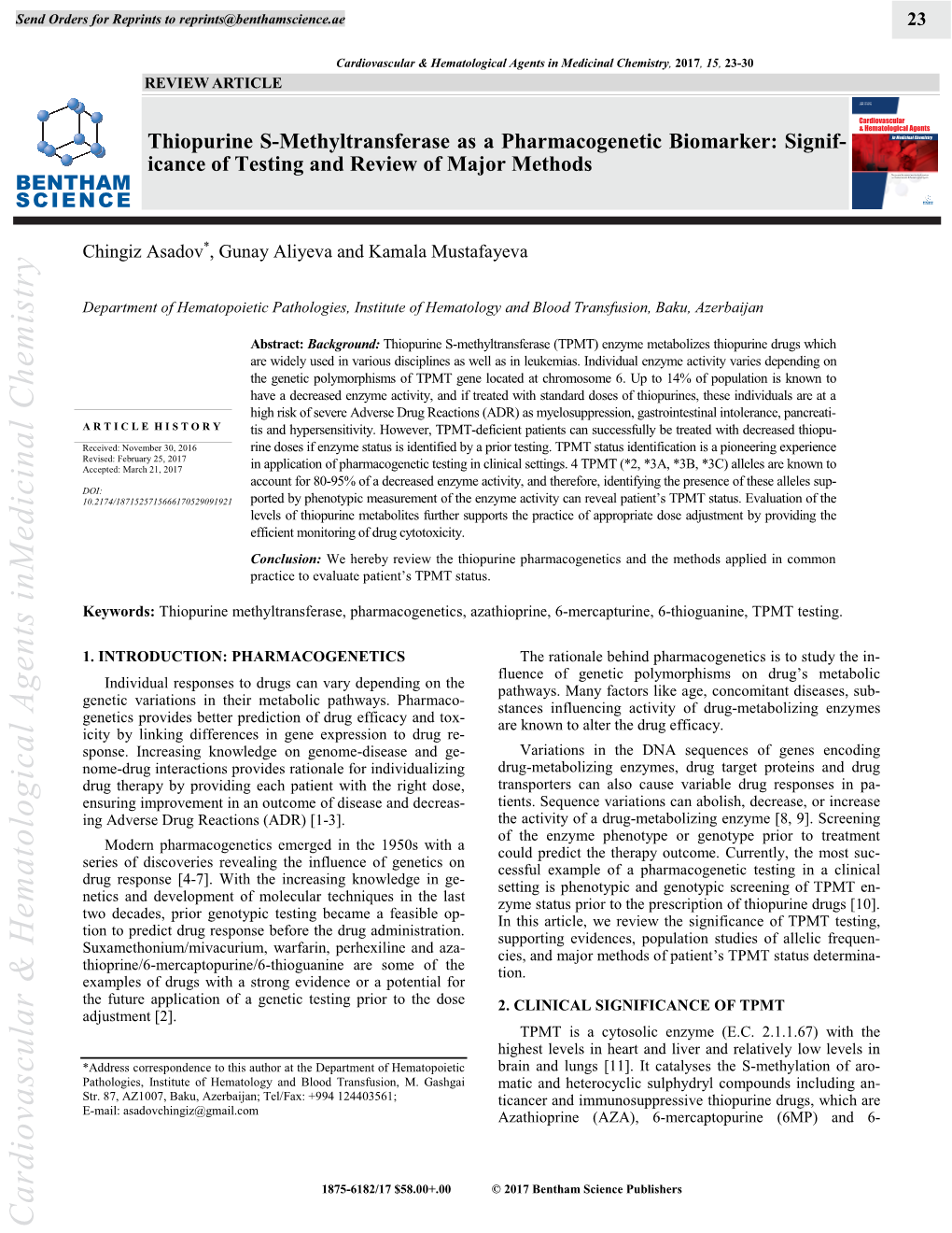 Cardiovascular & Hematological Agents Inmedicinal Chemistry