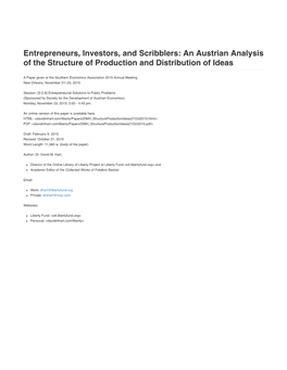 Entrepreneurs, Investors, and Scribblers: an Austrian Analysis of the Structure of Production and Distribution of Ideas