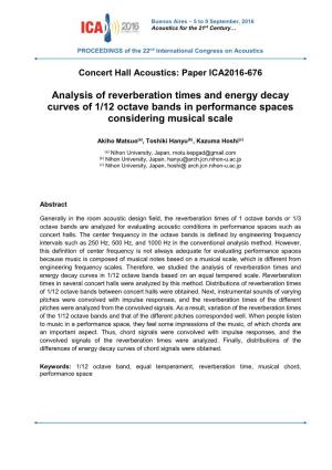 Analysis of Reverberation Times and Energy Decay Curves of 1/12 Octave Bands in Performance Spaces Considering Musical Scale