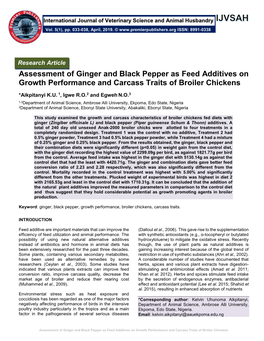 Assessment of Ginger and Black Pepper As Feed Additives on Growth Performance and Carcass Traits of Broiler Chickens