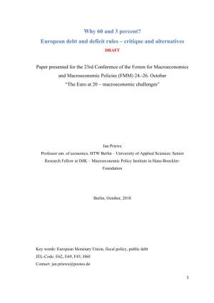 European Debt and Deficit Rules – Critique and Alternatives DRAFT