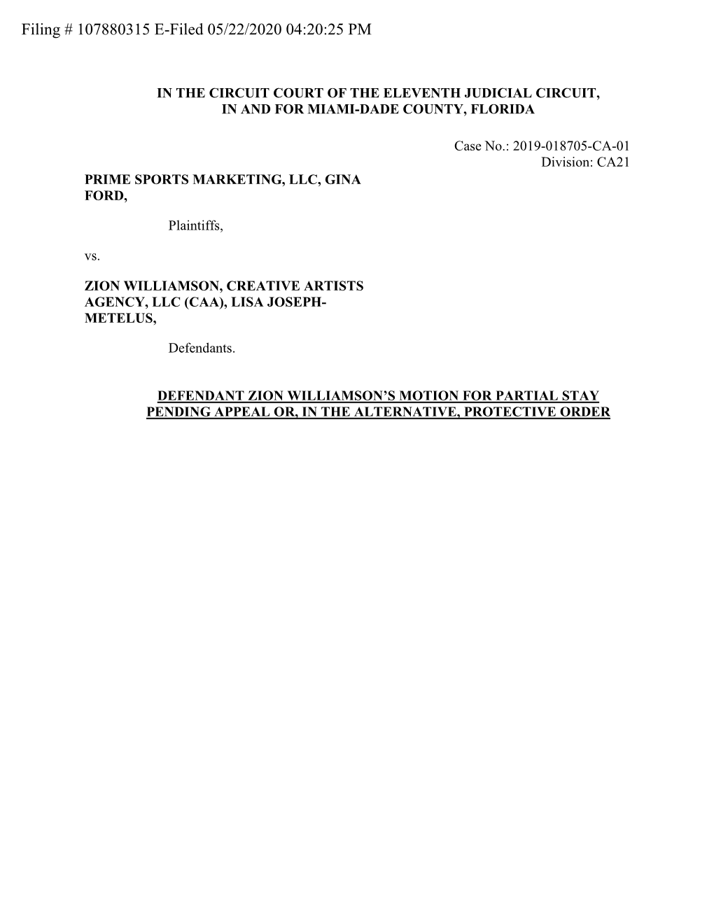 Filing # 107880315 E-Filed 05/22/2020 04:20:25 PM