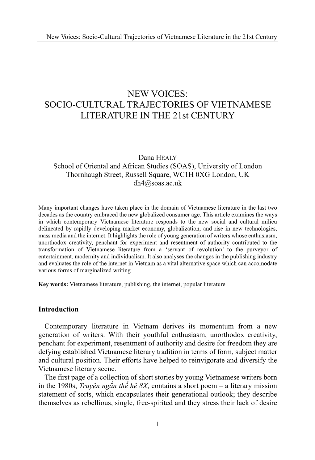 New Voices: Socio-Cultural Trajectories of Vietnamese Literature in the 21St Century