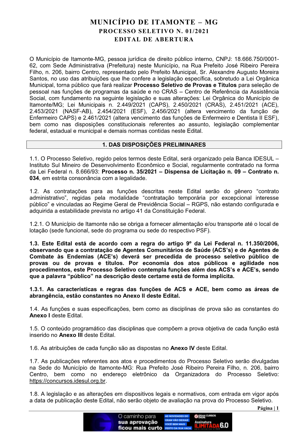 Município De Itamonte – Mg Processo Seletivo N