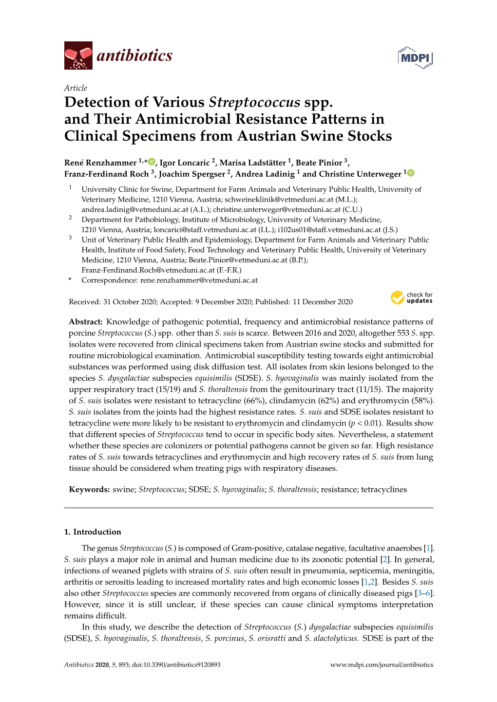 Detection of Various Streptococcus Spp. and Their Antimicrobial Resistance Patterns in Clinical Specimens from Austrian Swine Stocks