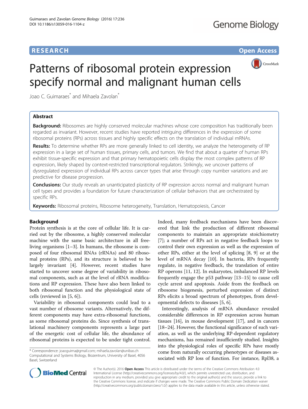 Patterns of Ribosomal Protein Expression Specify Normal and Malignant Human Cells Joao C